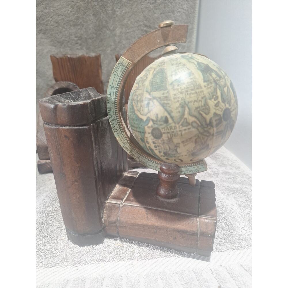 Vintage Globe Bookend Old World Map Library Dark Academia Decor Wood Base